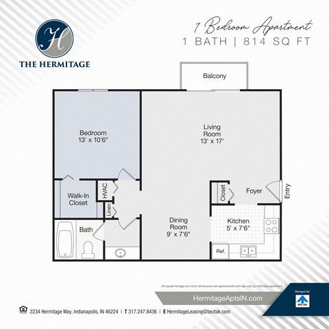 Floor plan for 1 bed, 1 bath, 814 sqft